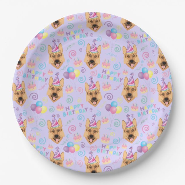 Prato De Papel German Shepherd Birthday Party Paper Plates Purple (Frente)