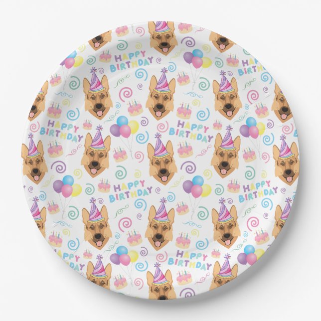 Prato De Papel German Shepherd Birthday Party Paper Plates White (Frente)
