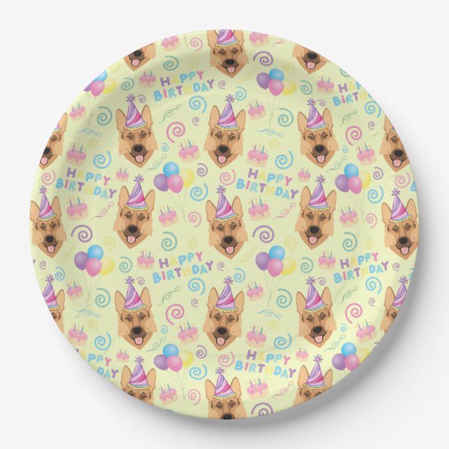 Prato De Papel German Shepherd Birthday Party Paper Plates Yellow (Frente)