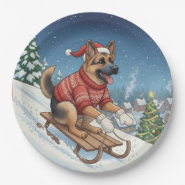 Prato De Papel German Shepherd Sledding, Christmas Plates