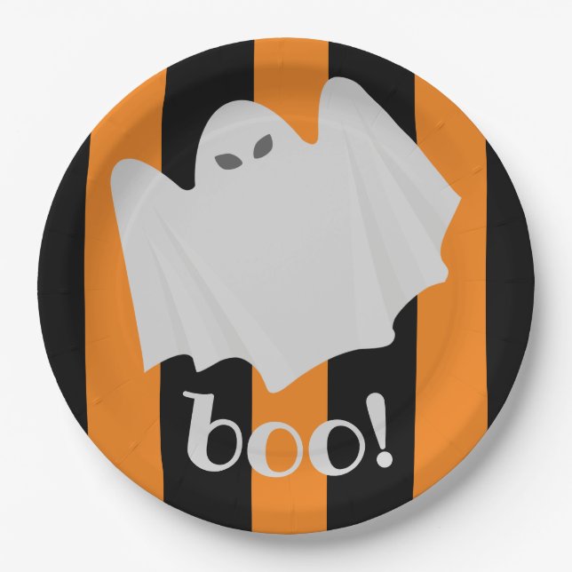 Prato De Papel Ghost Ghost Halloween Laranja e Black Stripes Boo! (Frente)