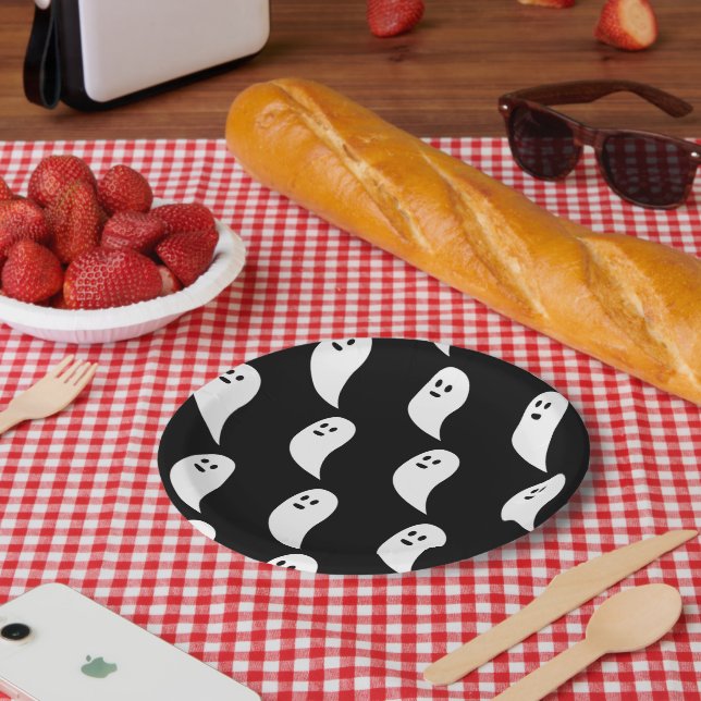 Prato De Papel Ghost Halloween - padrão branco preto (Piquenique)