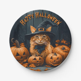 Prato De Papel Ginger Cat com Pumpkins Halloween