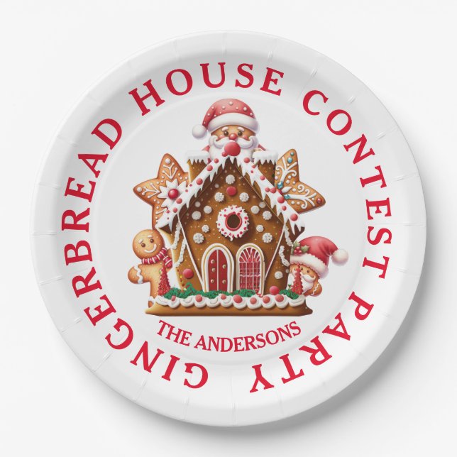 Prato De Papel Gingerbird House Partido Branco e Vermelho (Frente)