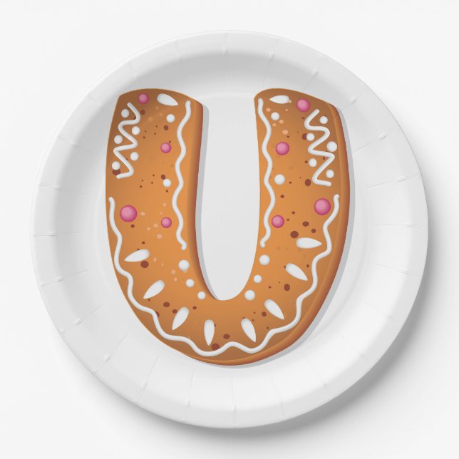Prato De Papel Gingerbread Letter U Monogram Holiday Cookie (Frente)
