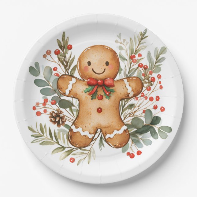 Prato De Papel Gingerbread Man Greenery Christmas Paper Plate (Frente)