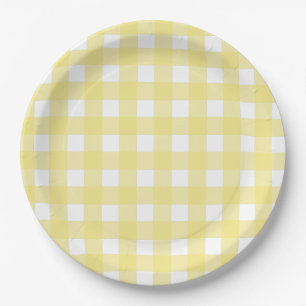 Prato De Papel Gingham amarelo pálido e branco