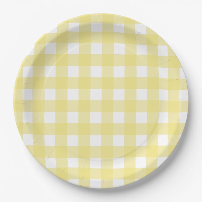 Prato De Papel Gingham amarelo pálido e branco (Frente)