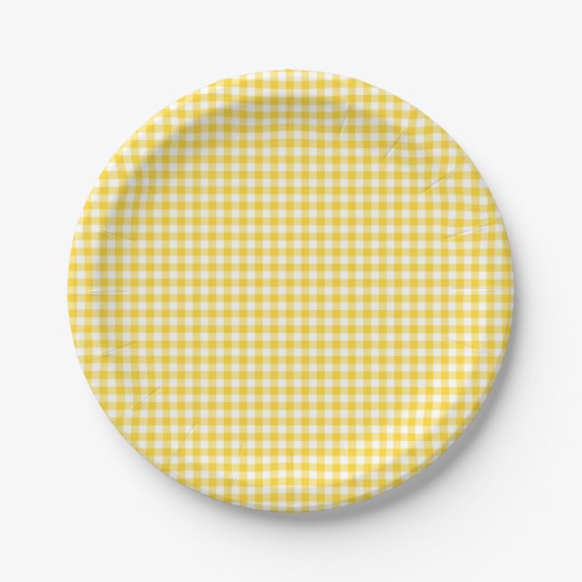 Prato De Papel Gingham Amarelo - Primeiro Aniversário de Placas (Frente)