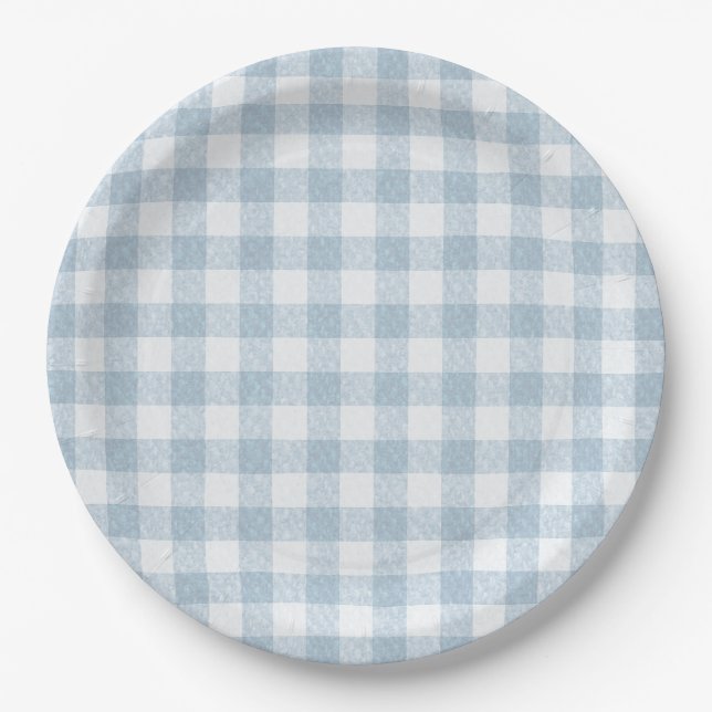Prato De Papel Gingham azul simples (Frente)