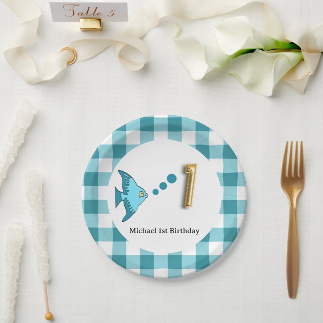 Prato De Papel Gingham, Azul-Teal Peixe & Balão 1º Aniversário (Casamento)