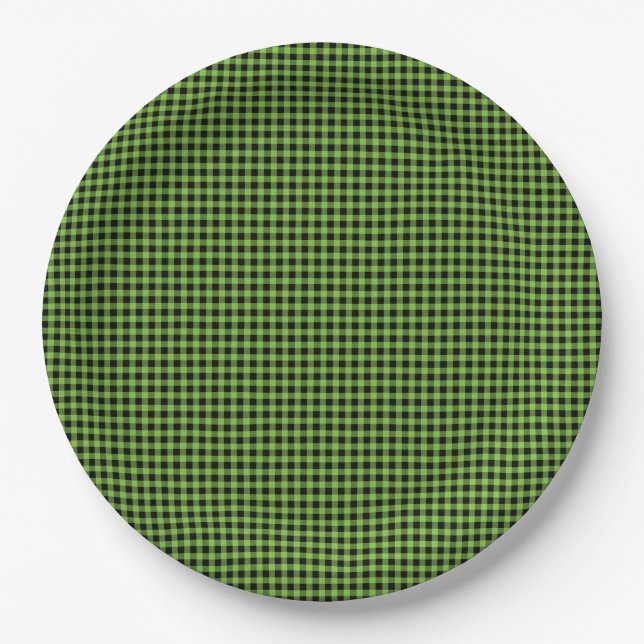Prato De Papel Gingham Check Patterno Black Green Eterno Divertid (Frente)