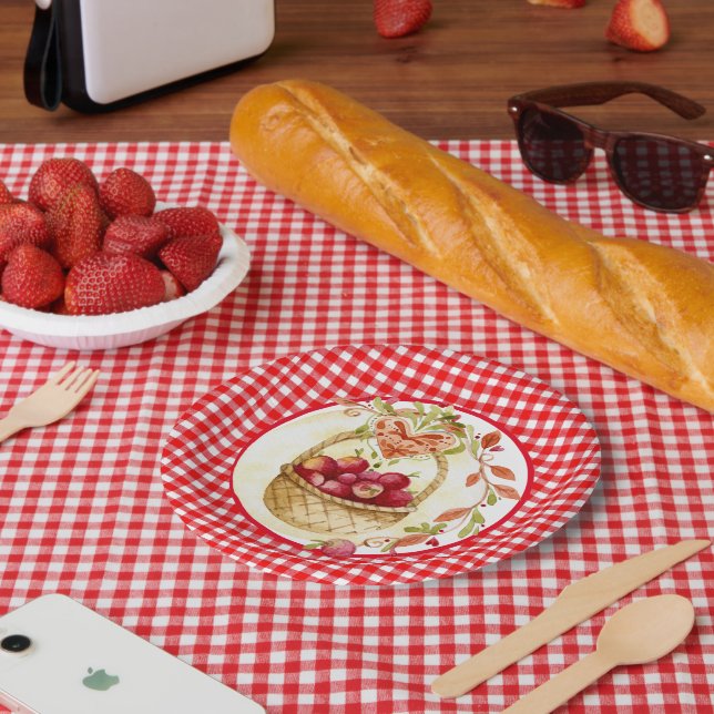 Prato De Papel Gingham do estilo country com cesta de colheteria  (Piquenique)