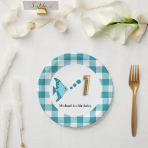 Prato De Papel Gingham, Peixe Azul Teal e primeiro aniversario Ba