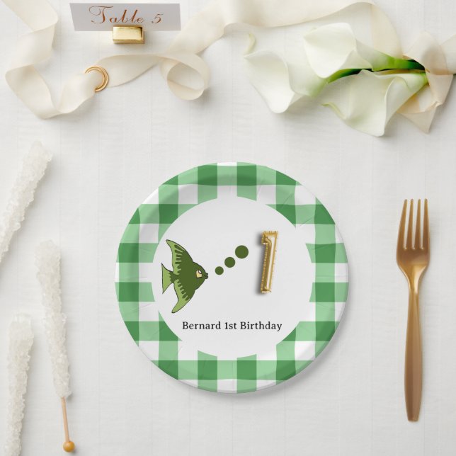 Prato De Papel Gingham, Peixe Verde e primeiro aniversario Balão (Casamento)