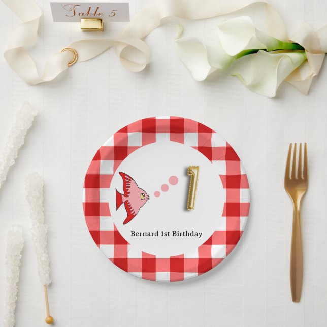 Prato De Papel Gingham, Peixe Vermelho e primeiro aniversario Bal (Casamento)