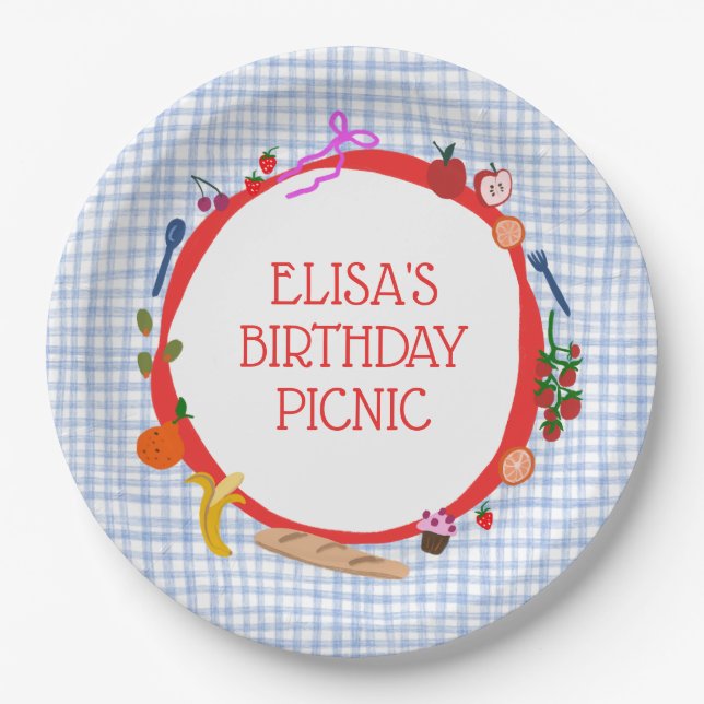 Prato De Papel Gingham Picnic Modern Cute CUSTOM BIRTHDAY PARTY (Frente)