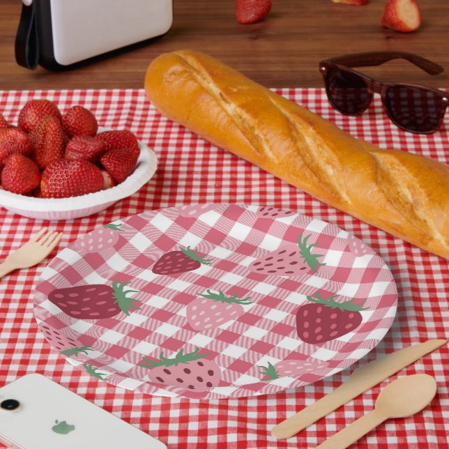 Prato De Papel Gingham Pink & Red Strawberry Berry (Piquenique)