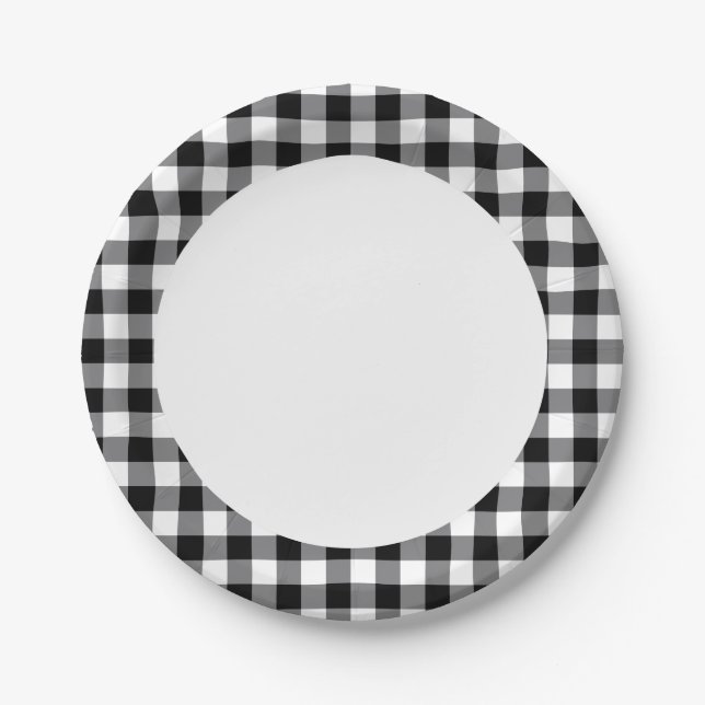 Prato De Papel Gingham Preto E Branco (Frente)