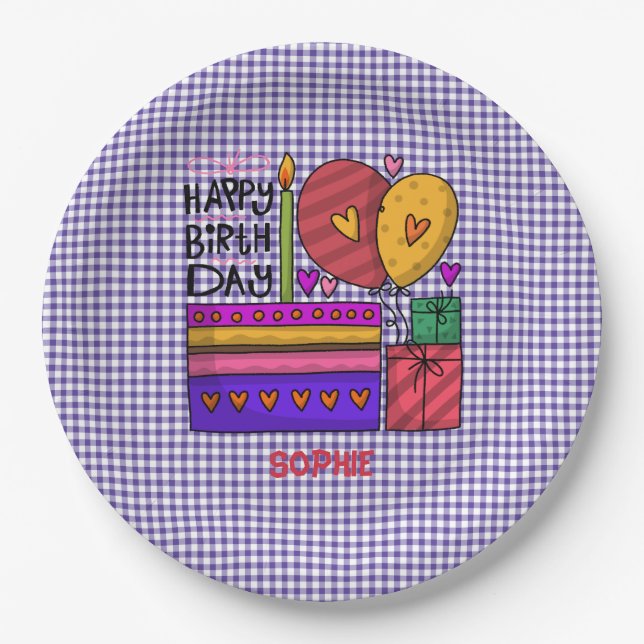 Prato De Papel Gingham Purple & Red Brithday (Frente)