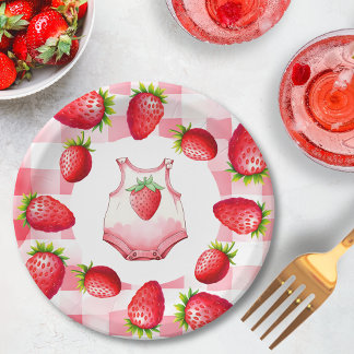 Prato De Papel Gingham Strawberry Vintage Chá de fraldas