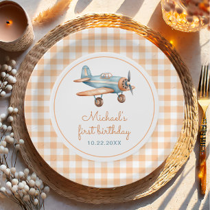 Prato De Papel Gingham Time Fly Airplane Primeiro Aniversário