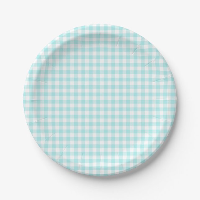 Prato De Papel Gingham Turquesa Pálido Personalizado (Frente)