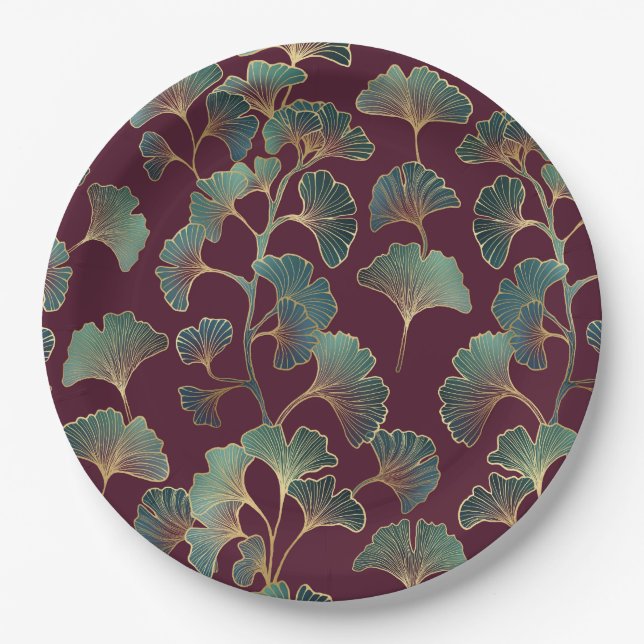 Prato De Papel Ginkgo Teal Refined com Acentos Dourados (Frente)