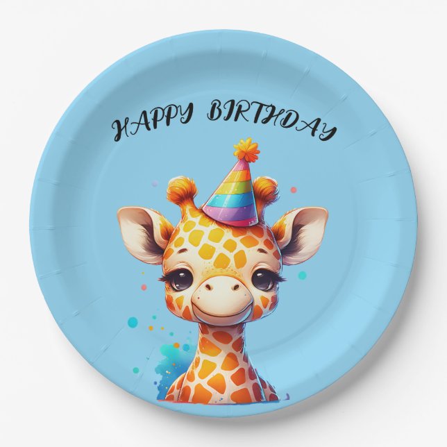 Prato De Papel girafa bebê com chapéu de festa de aniversário (Frente)