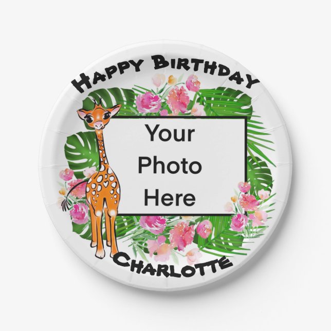 Prato De Papel Girafa-branca, bonito, rosa, floresta tropical flo (Frente)