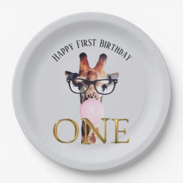 Prato De Papel Girafa de primeiro aniversário vestindo chiclete d