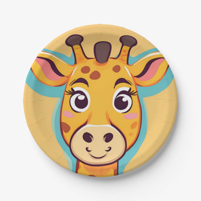 Prato De Papel Girafa divertida Face safari Festa de aniversário  (Frente)