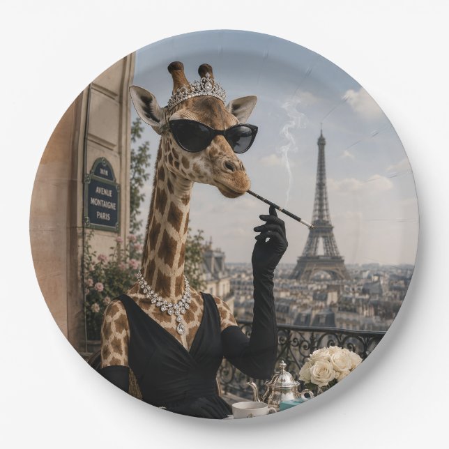 Prato De Papel Girafa Parisiense com Elegância Preta (Frente)