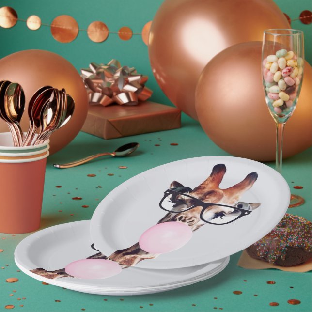 Prato De Papel Girafa Vestindo Óculos soprando pastilha elástica  (Múltiplo)