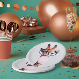 Prato De Papel Girafa Vestindo Óculos soprando pastilha elástica 