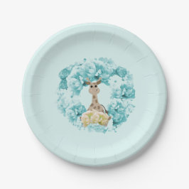 Prato De Papel Giraffe Aqua Floral Wreath Plates