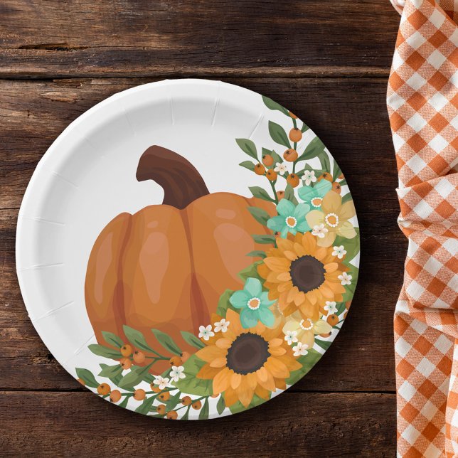 Prato De Papel Girassóis charmosos e abóbora laranja (Criador carregado)