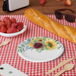 Prato De Papel Girassóis Rústicos e Rosas Floral Aquarela