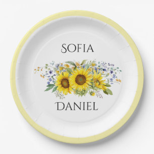 Prato De Papel Girassol aquarela azul flor silvestre casamento 