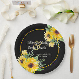 Prato De Papel Girassol de aquarela no casamento negro