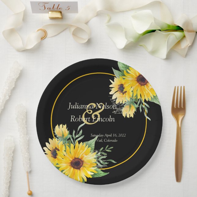 Prato De Papel Girassol de aquarela no casamento negro (Casamento)