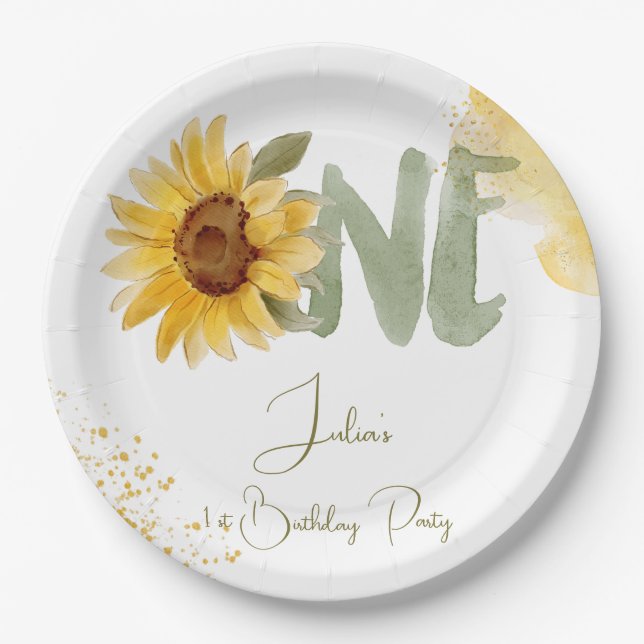 Prato De Papel Girassol de aquarela primeiro Aniversário (Frente)