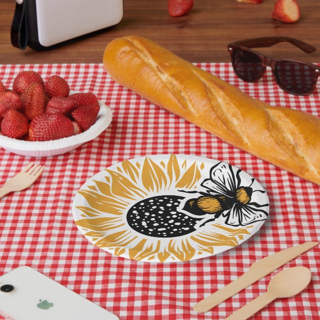 Prato De Papel Girassol e abelha (Piquenique)