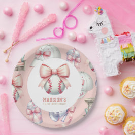 Prato De Papel Girl Birthday Personalized Pink Baseball Bow