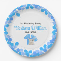 Girl Blue Bear 1st Birthday Paper Plates