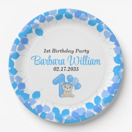 Prato De Papel Girl Blue Bear 1st Birthday Paper Plates