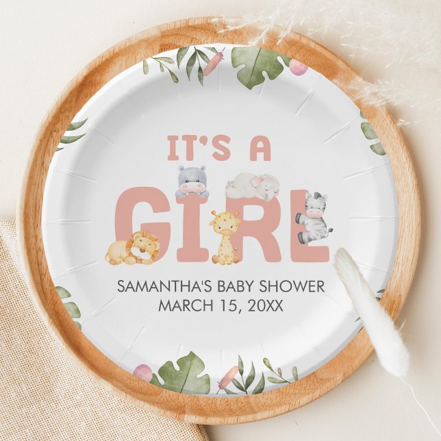 Prato De Papel Girl Safari Animal Baby Shower  (Safari Jungle Animals Baby Shower Paper Plate)