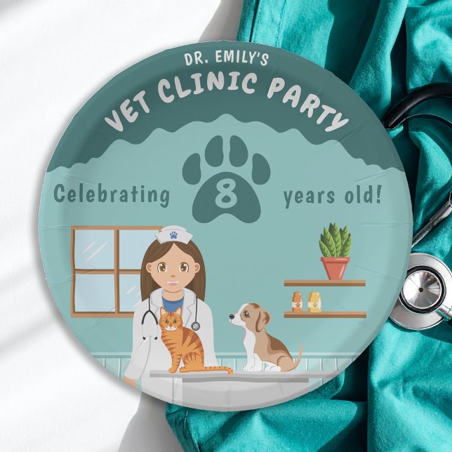 Prato De Papel Girl Veterinarian Clinic Animal Hospital Birthday (Criador carregado)