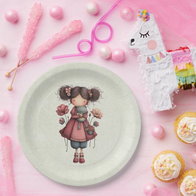 Prato De Papel Girl with A Frog Doll Cute Whimsical (Festa)