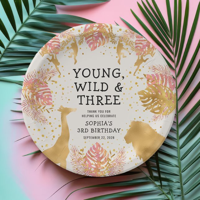 Prato De Papel Girls aniversário de 3 anos Pink Dourado Ecru Safa (Criador carregado)